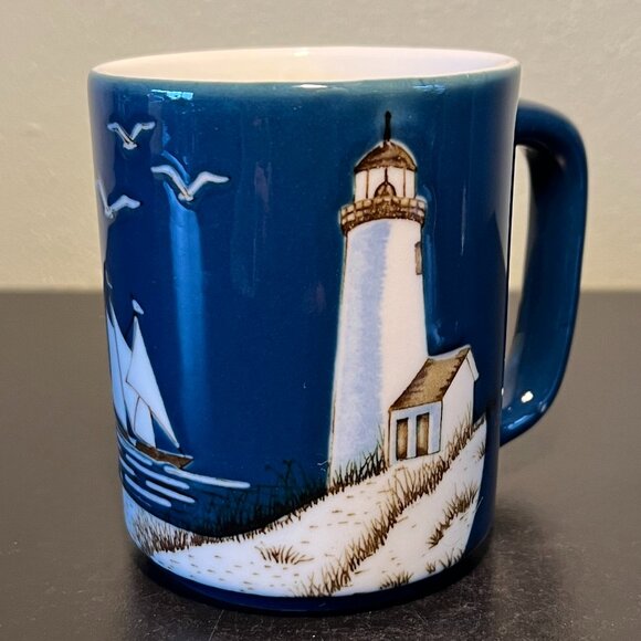 Otagiri Nautical Scene Ceramic Mug ~ Lighthouse, Sailboat, Seagulls & Coastline - Picture 1 of 9